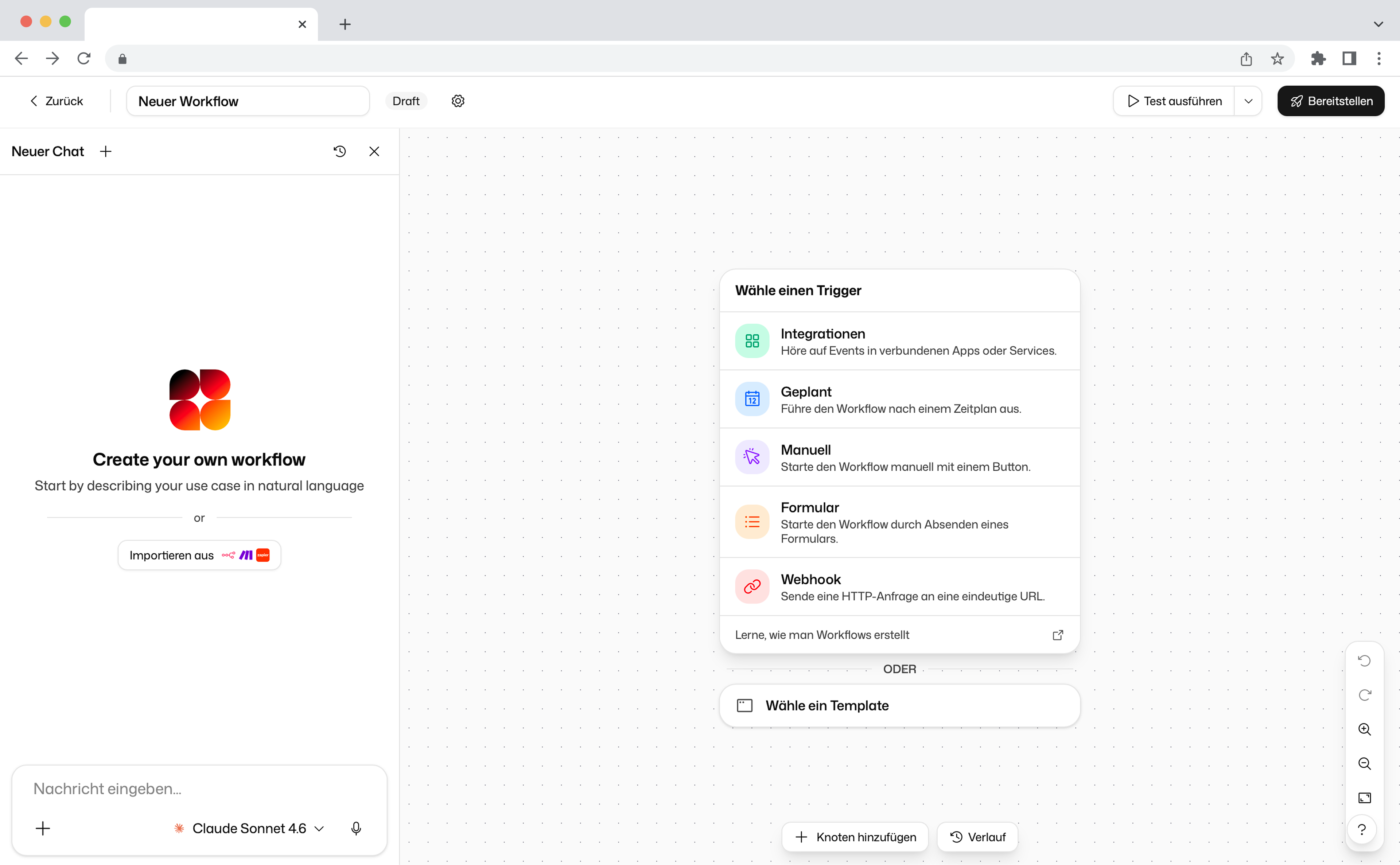 Neuer Workflow erstellen — Trigger auswählen